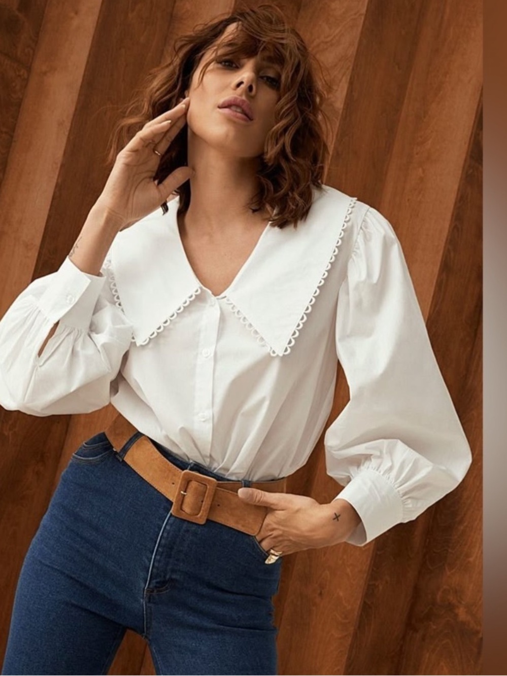 Zara Long Sleeve Peter Pan Collar Button-down Top in White - Size XS